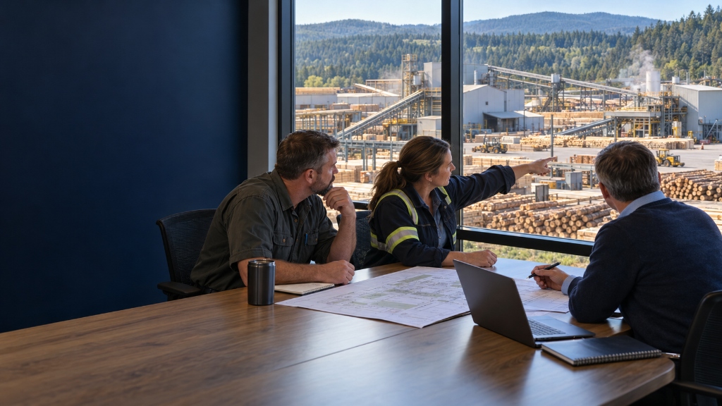 PAI Consulting team reviewing plans overlooking a timber mill operation