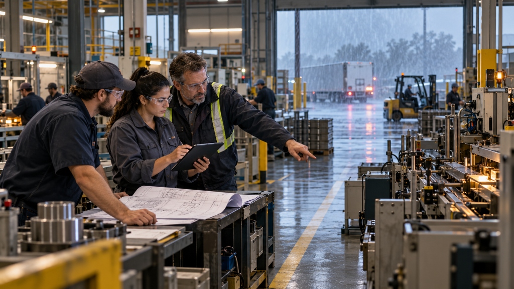 Plant leadership reviewing production plans on a manufacturing floor